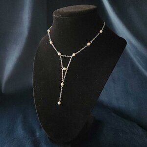 Gothic long pearl rosary necklace with a small silver chain